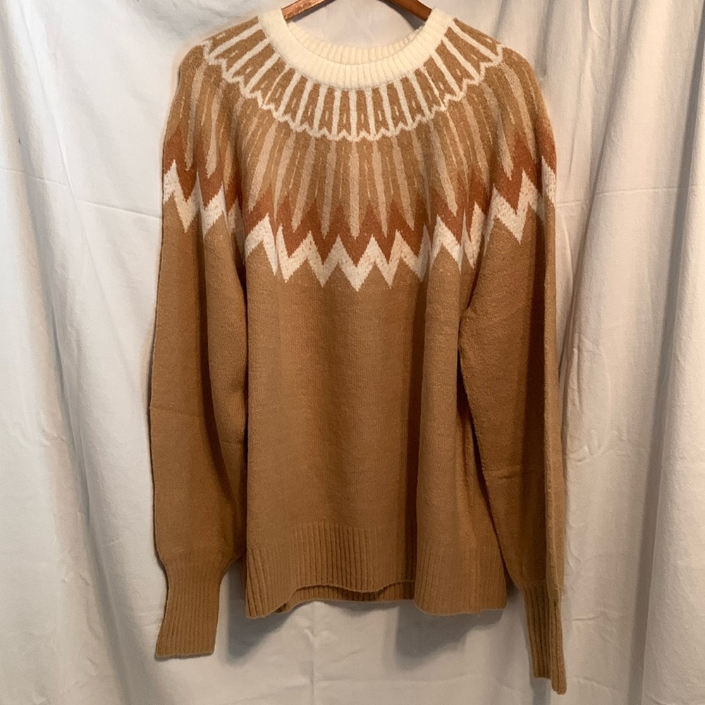 French Connection Fair Isle Sweater women large NWT beige tan white
